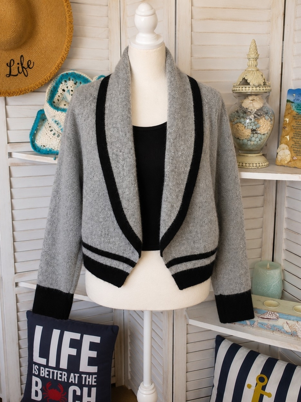 Gray Open Front Cardigan with Black Trim Size L - VIOLET RUBY